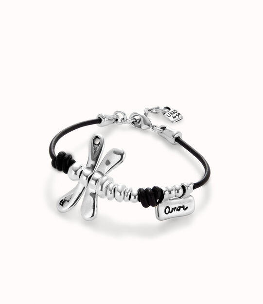 Leather bracelet with sterling silver-plated dragonfly