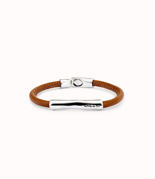 Brown leather bracelet with sterling silver-plated central detail