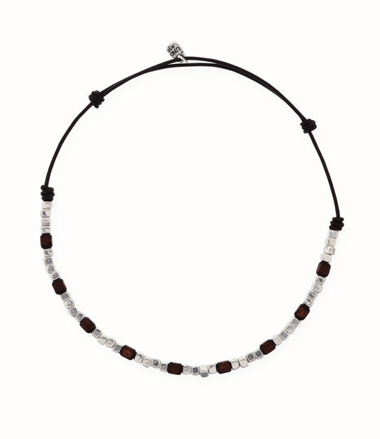 Leather necklace with silver and wooden beads