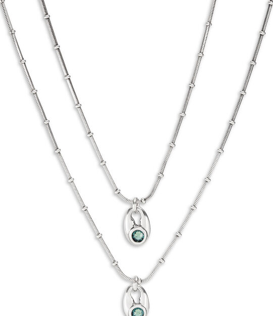 Multi strand chain necklace with blue crystals, Green Multi strand chain necklace with blue crystals