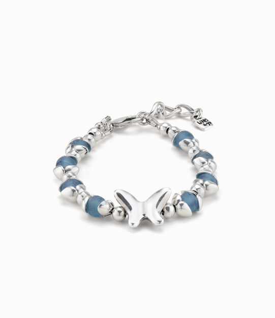 Beaded bracelet with blue crystals and a central butterfly
