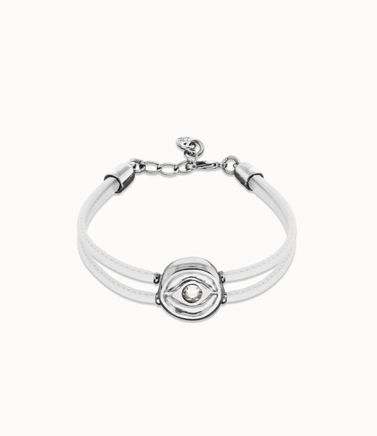 Bracelet double en cuir blanc avec œil plaqué argent, Argent Bracelet double en cuir blanc avec œil plaqué argent