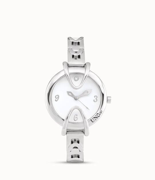 Sterling silver-plated watch with metal strap and round white dial
