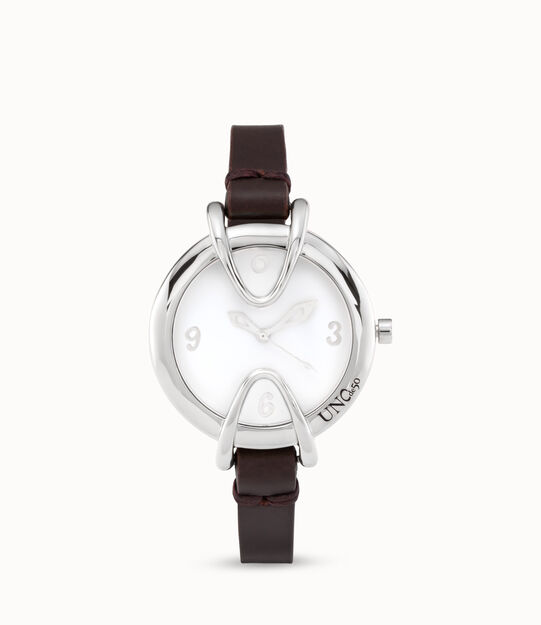 Sterling silver-plated watch with black leather strap and round white dial