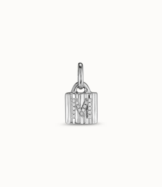 Sterling silver-plated padlock charm with topaz letter M