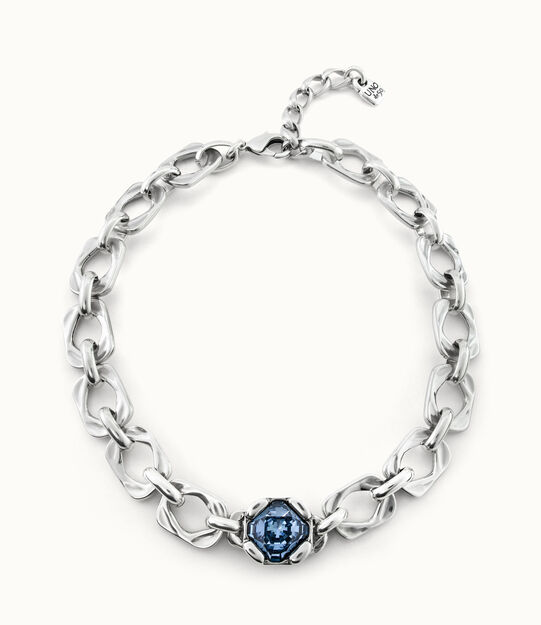 Short link chain necklace with large blue crystal