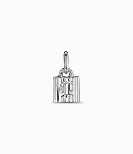 Sterling silver-plated padlock charm with topaz letter G