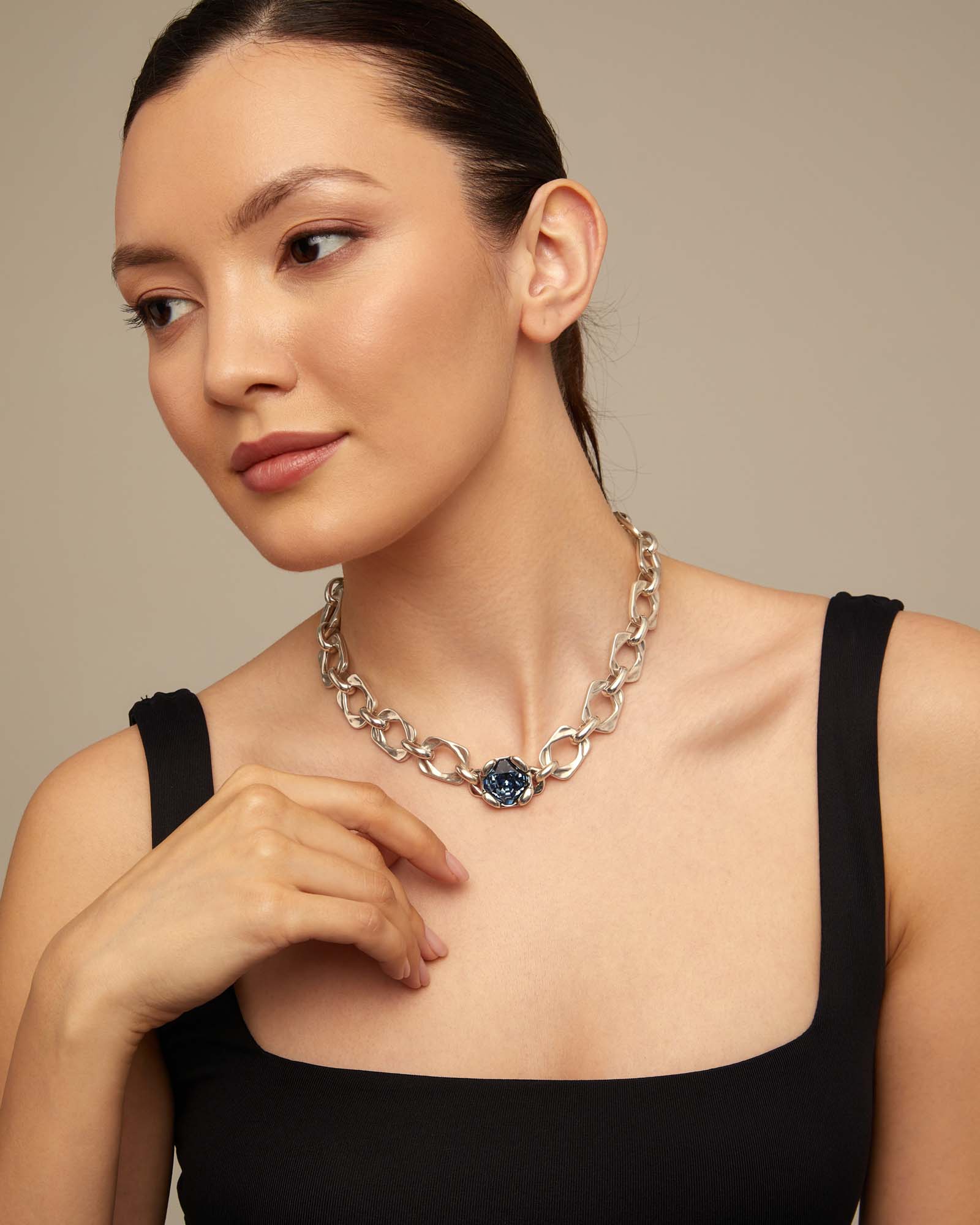 Short link chain necklace with large blue crystal, Silver, large thumbnail