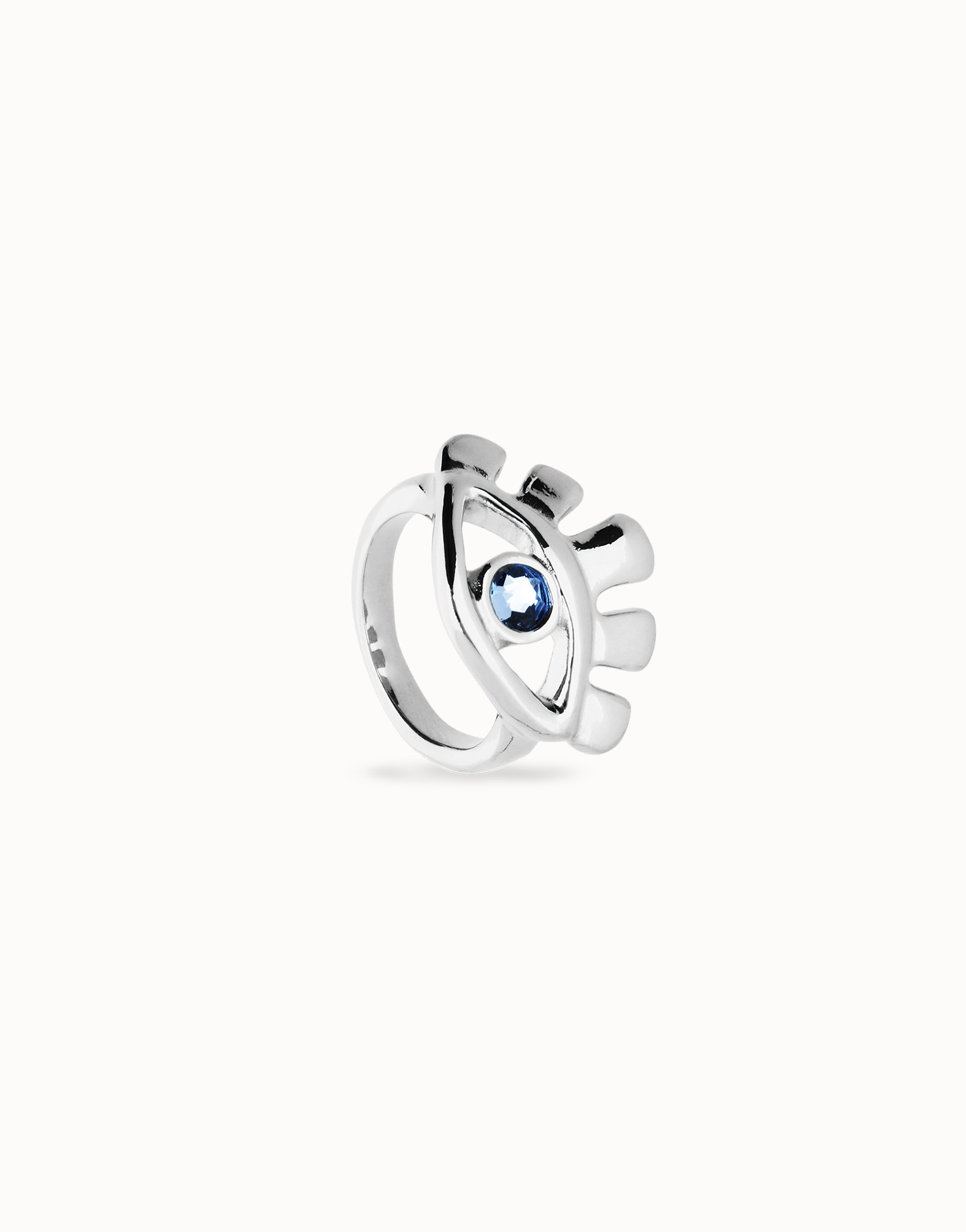 Eye-shaped ring with faceted blue crystal, Silver, large thumbnail