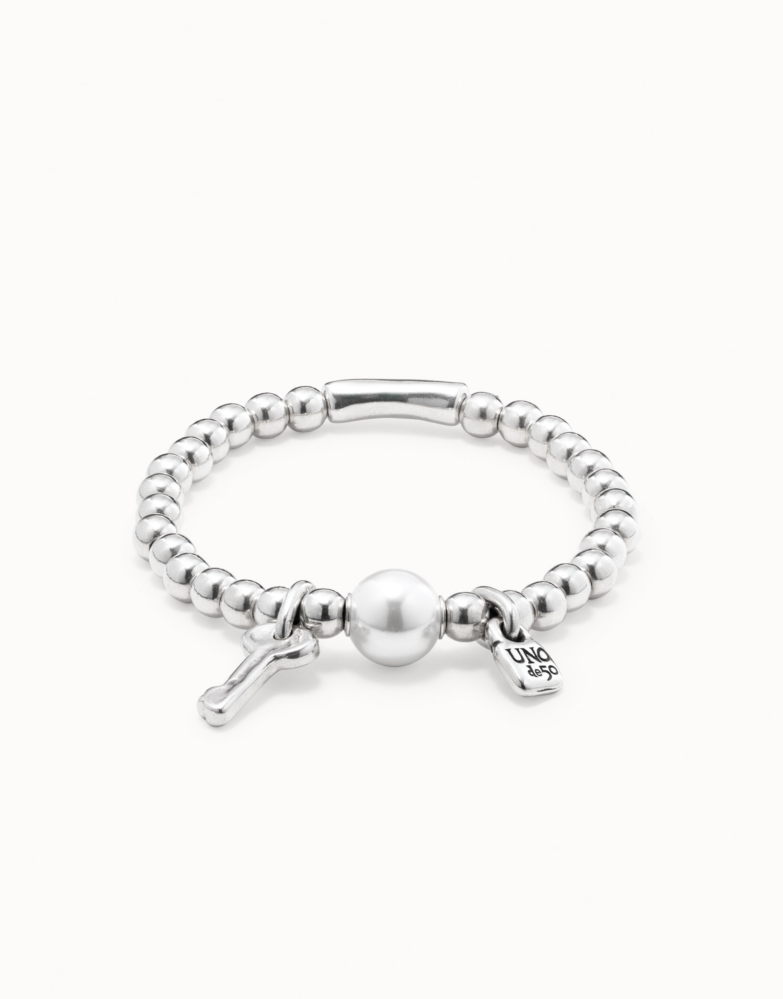 Beaded stretch bracelet with a pearl, Silver, large thumbnail