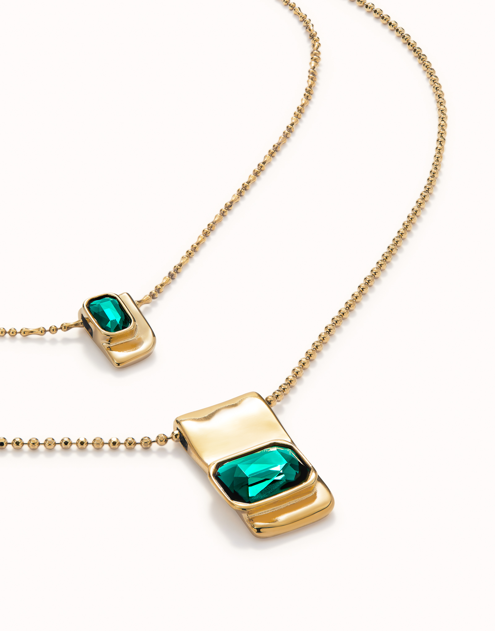 Double strand chain necklace with green crystals, Golden, large thumbnail