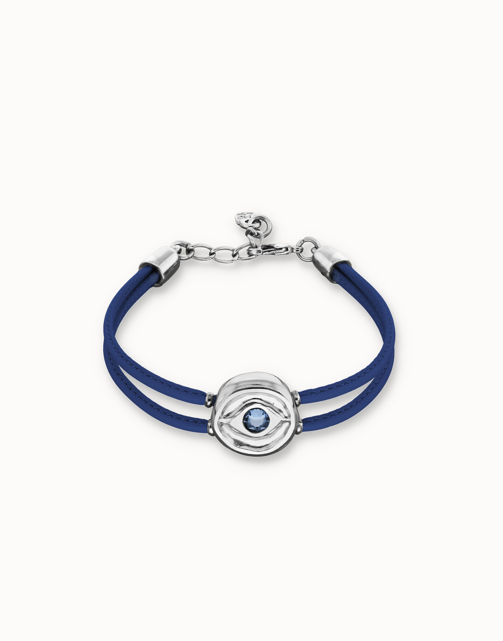 Double blue leather birthstone bracelet with eye, Silver, large thumbnail