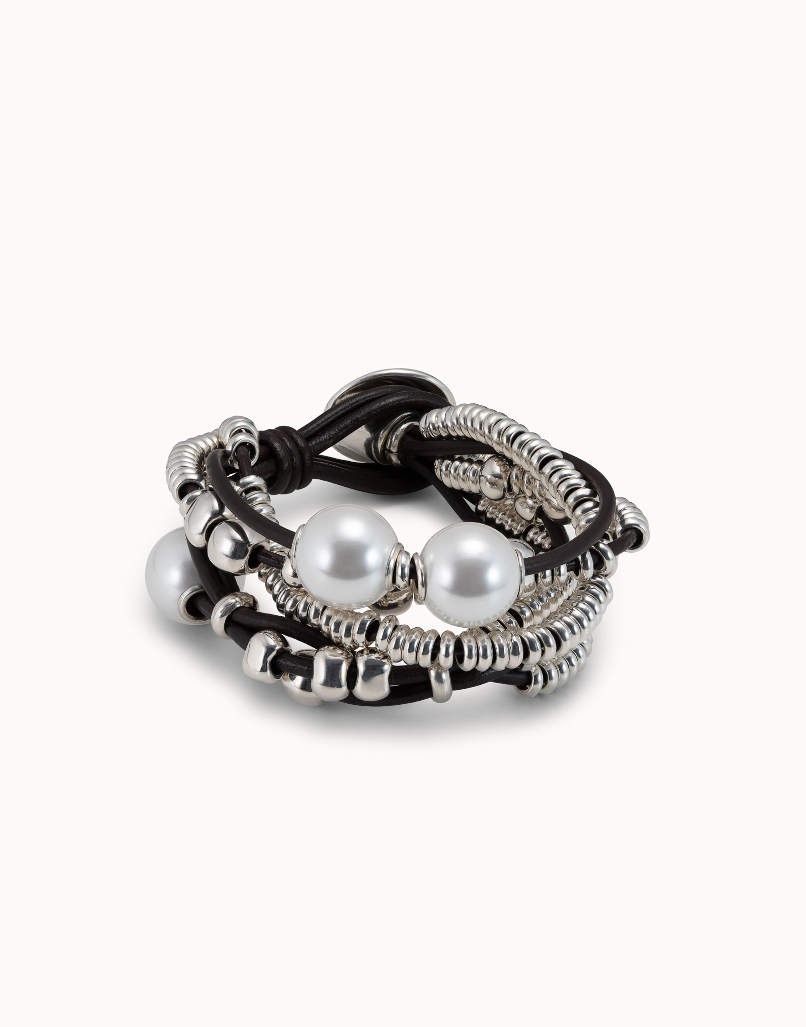 Leather beaed bracelet with pearls, Silver, large thumbnail