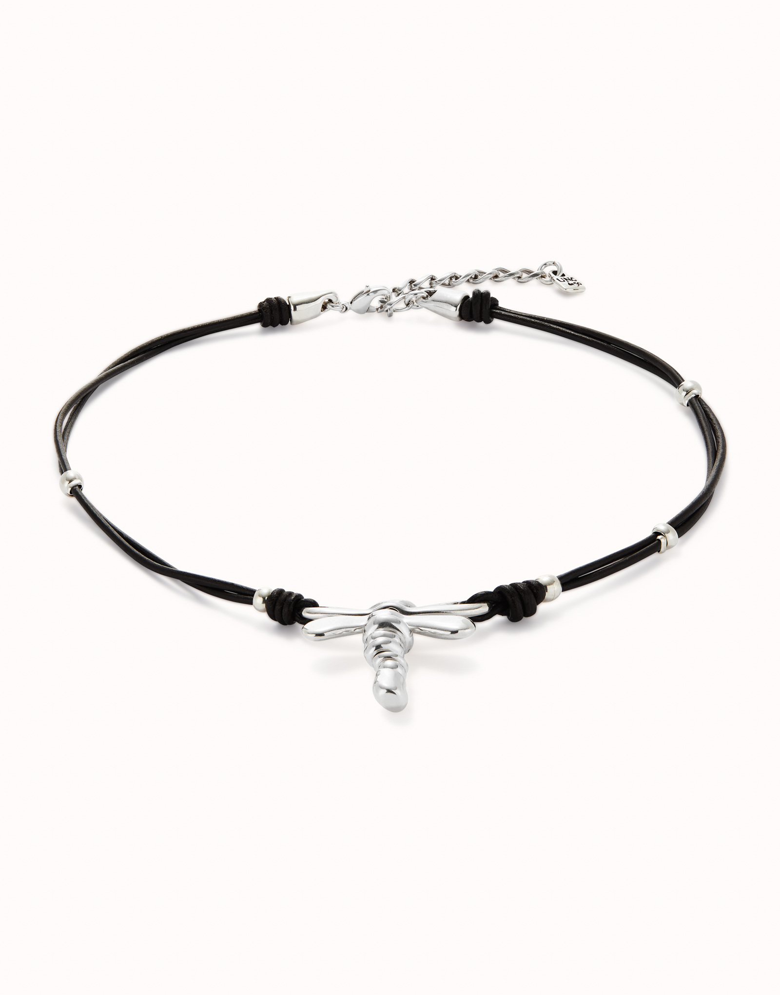 Leather pendant necklace with dragonfly, Silver, large thumbnail