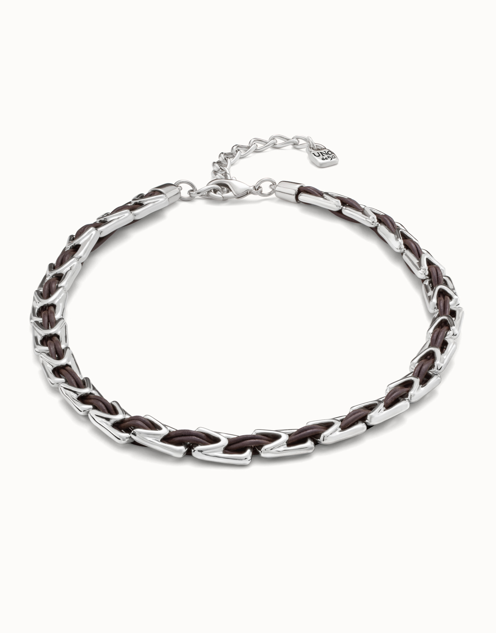 Short leather necklace with links, Silver, large thumbnail