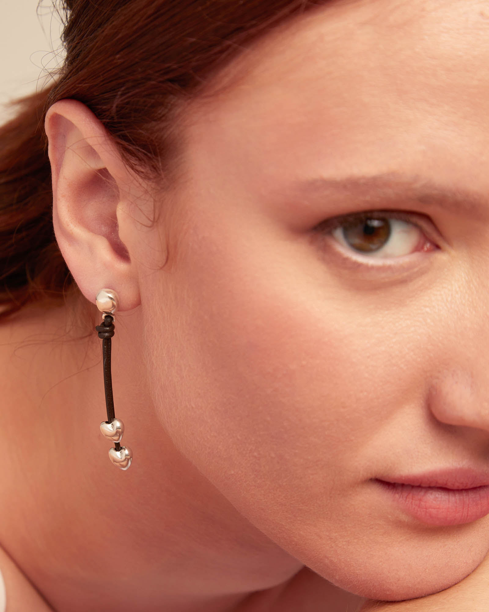 Leather drop earrings with two small hearts, Silver, large thumbnail