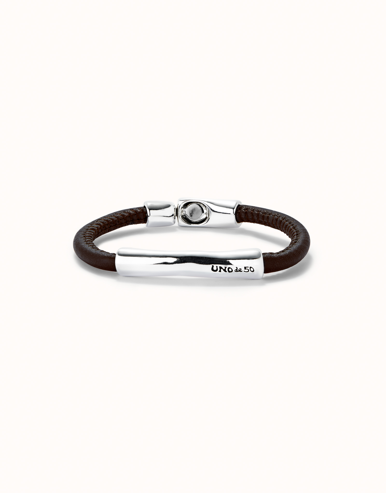 Brown leather bracelet with sterling silver-plated central detail, Silver, large thumbnail