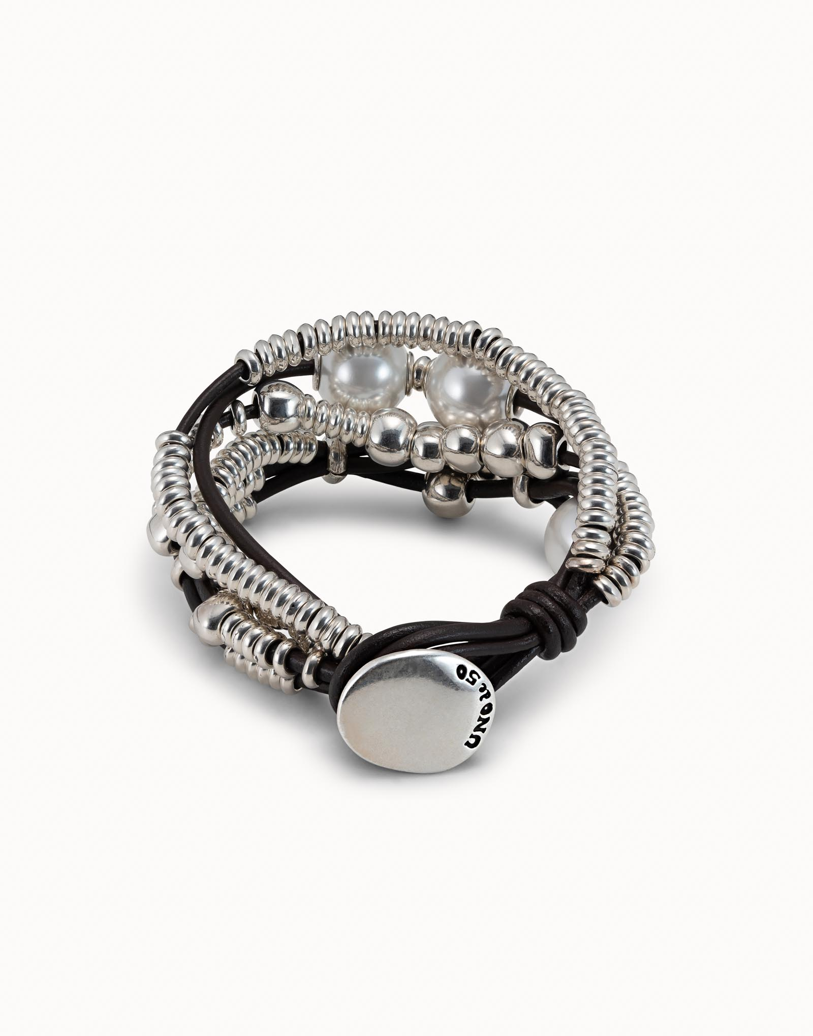 Leather beaed bracelet with pearls, Silver, large thumbnail
