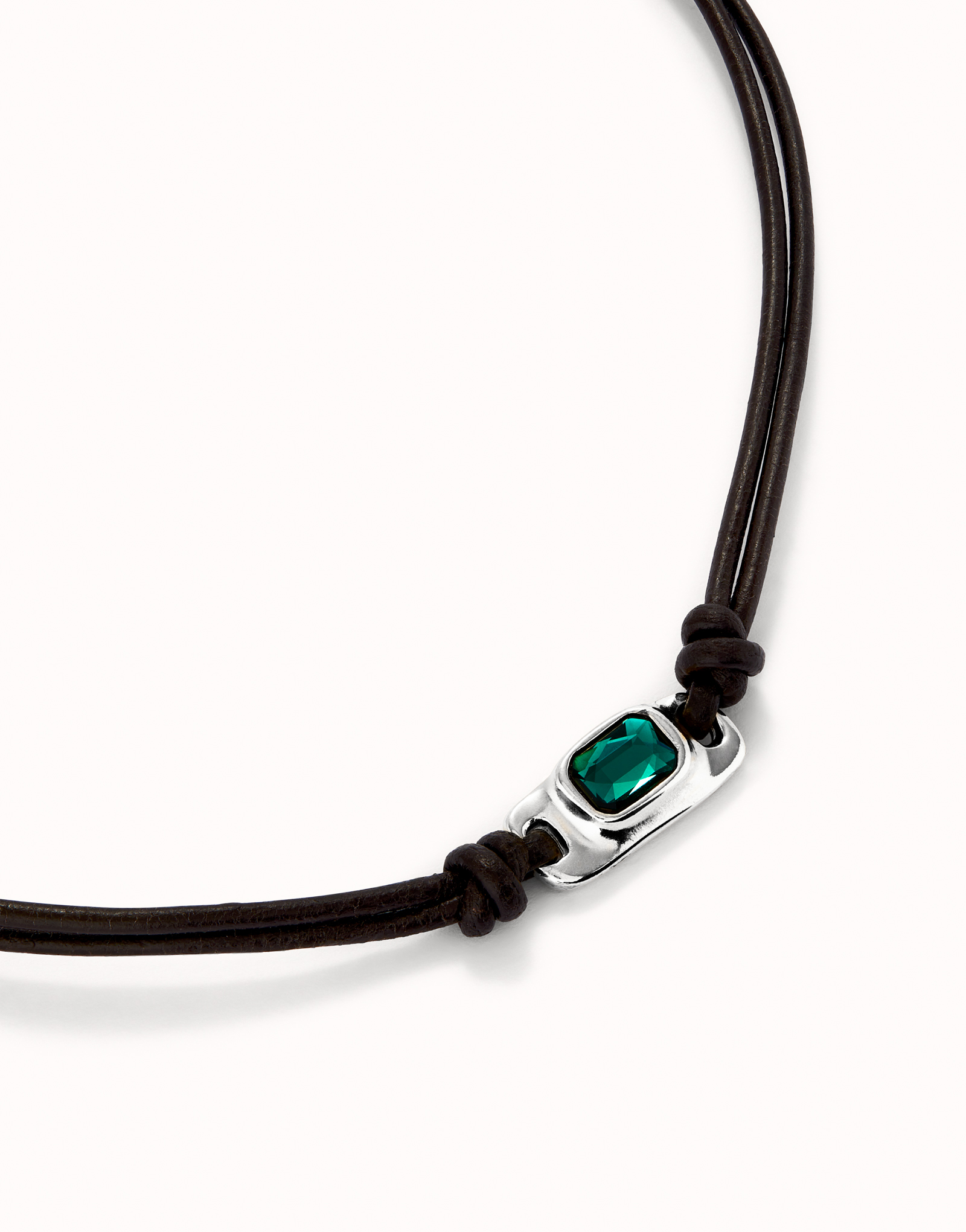 Leather necklace with green crystal, Silver, large thumbnail
