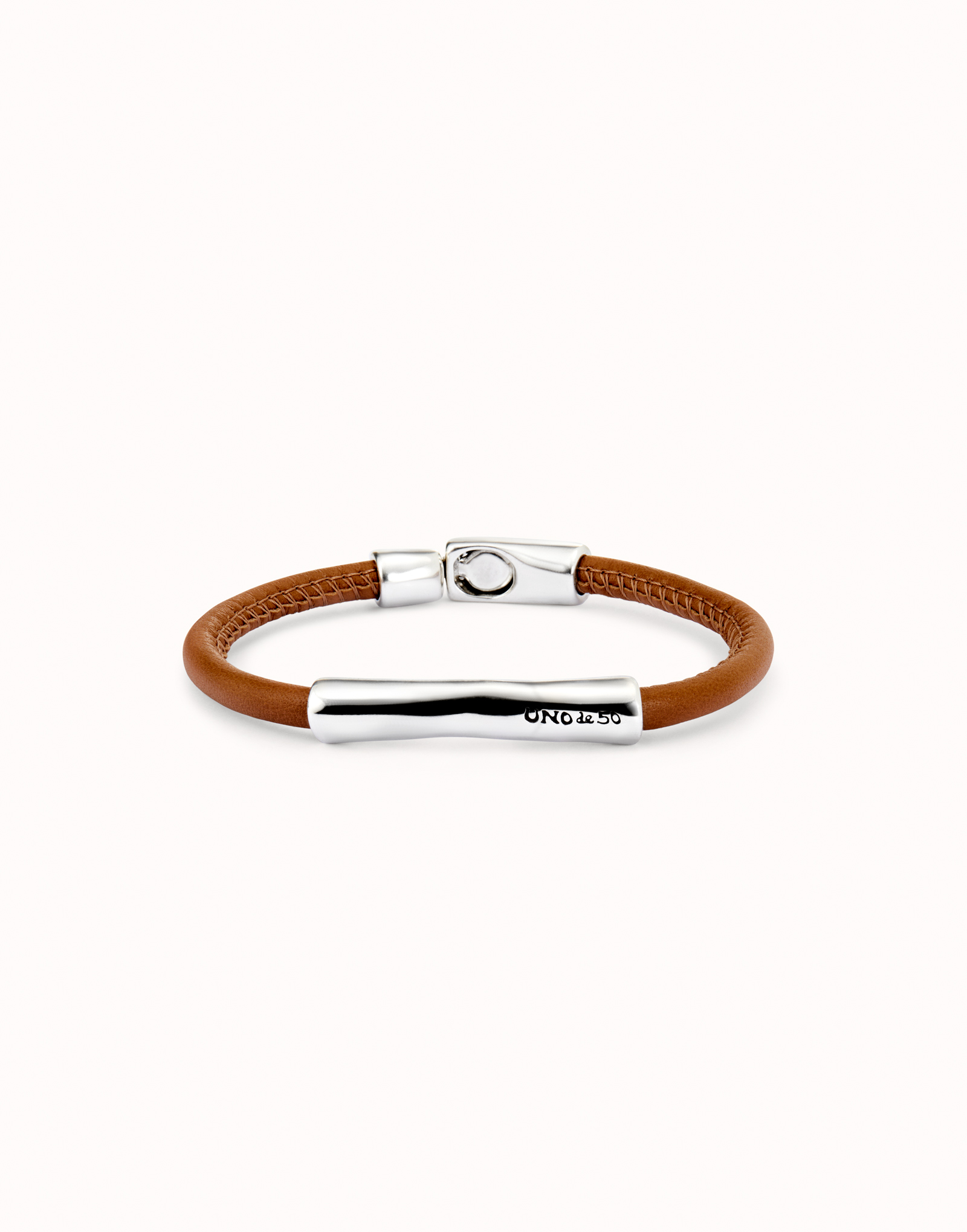 Brown leather bracelet with sterling silver-plated central detail, Silver, large thumbnail