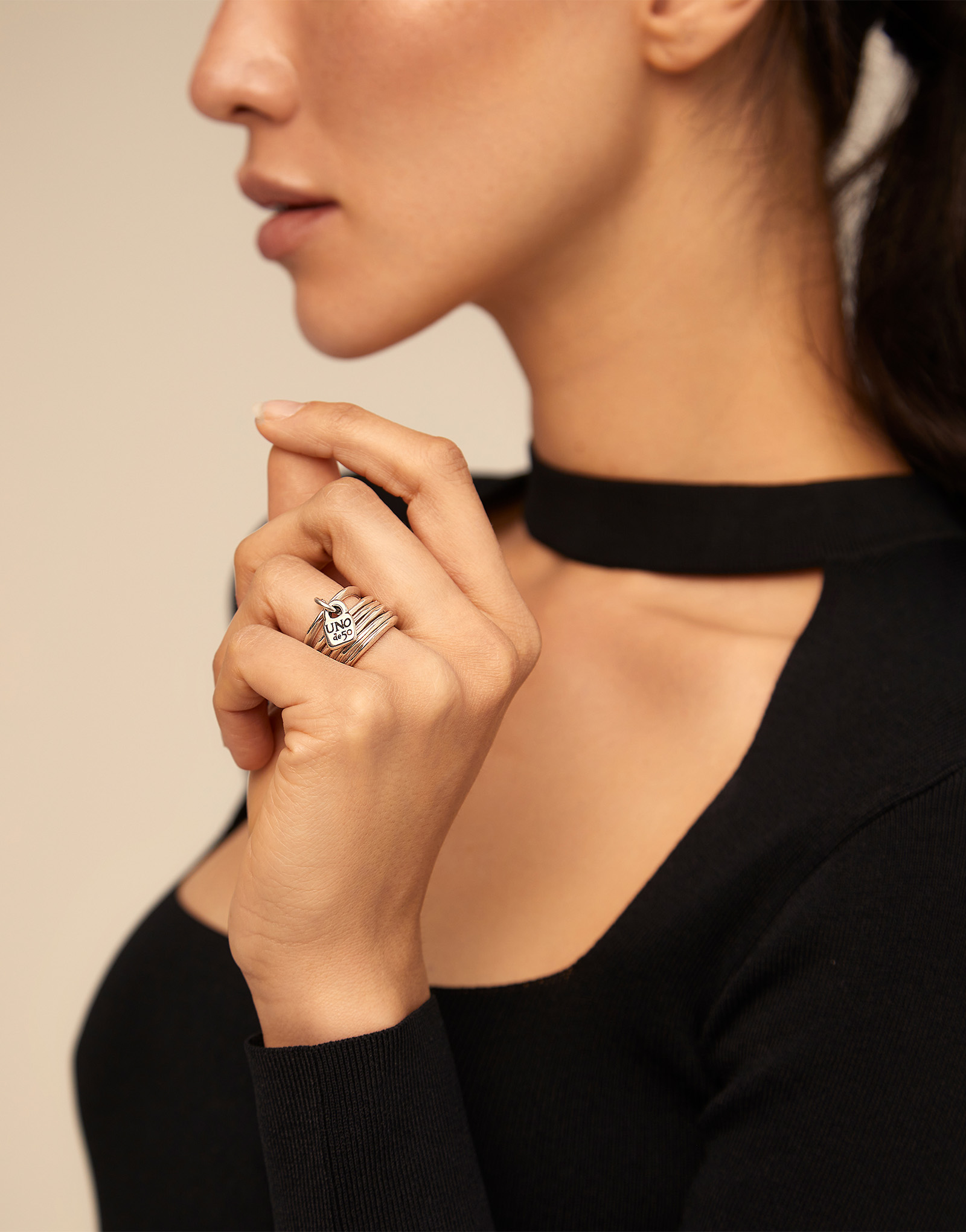 Multi row ring with a charm, Silver, large thumbnail