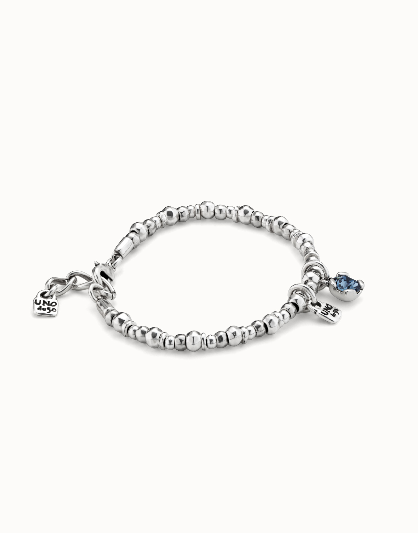 Beaded stretch bracelet with blue crystal, Silver, large thumbnail