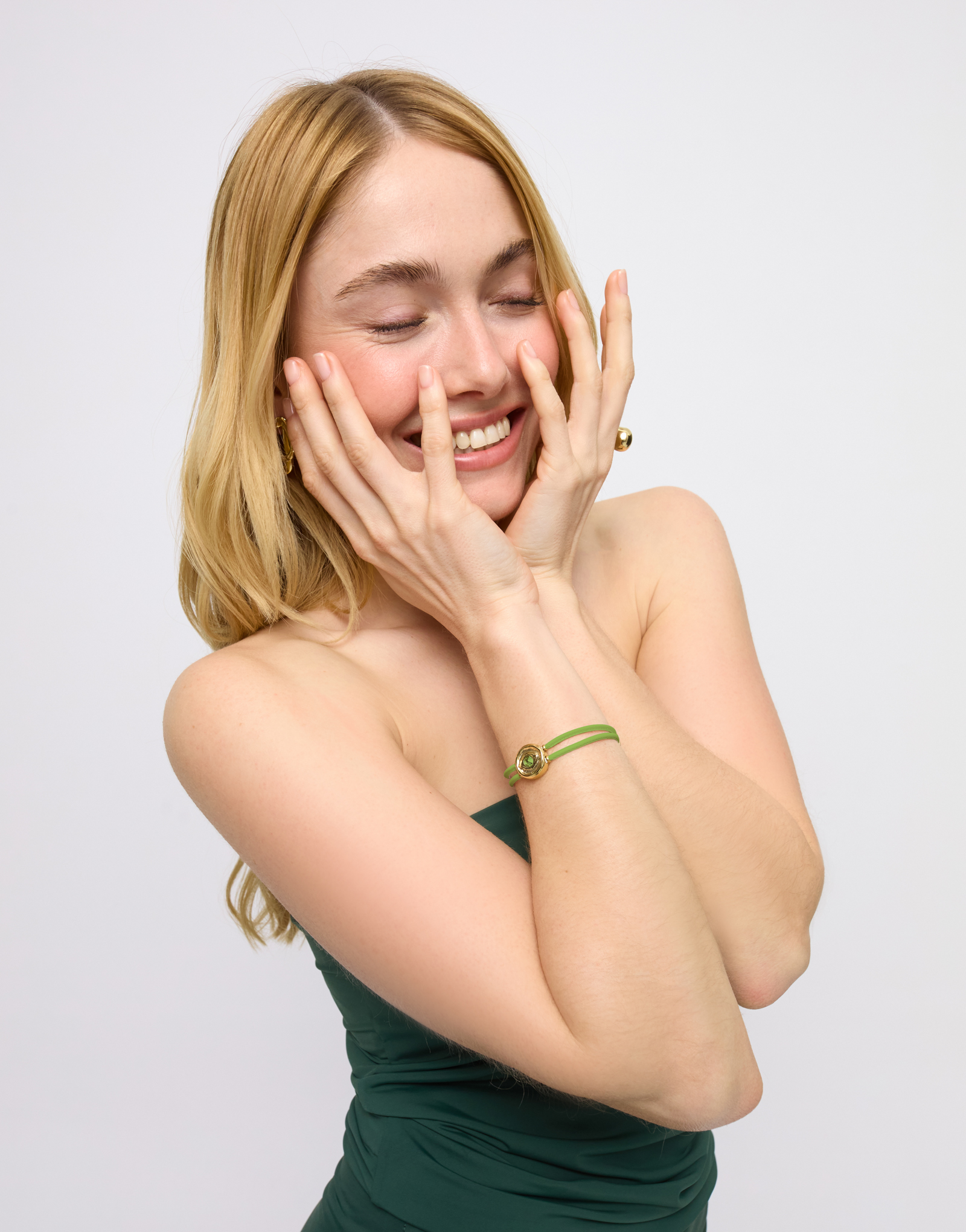 Double green leather birthstone bracelet with eye, Golden, large thumbnail