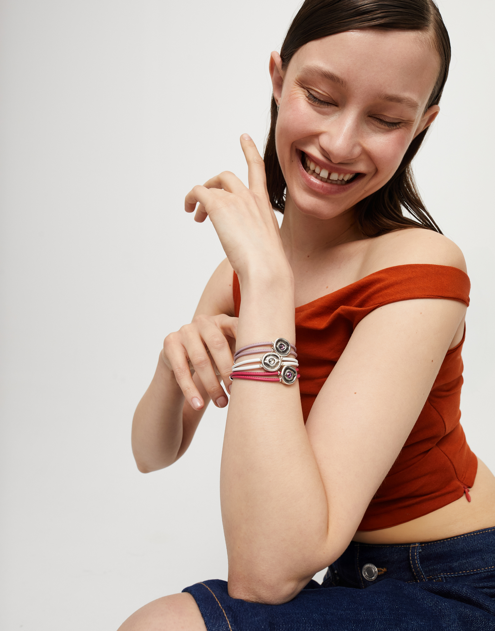 Double white leather birthstone bracelet with eye, Silver, large thumbnail