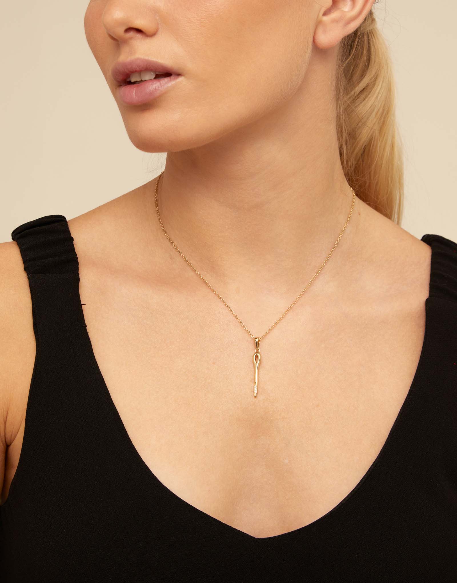 Long chain pendant necklace  with needle, Golden, large thumbnail