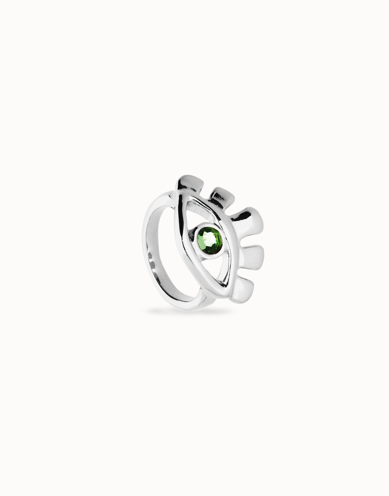 Eye-shaped ring with faceted green crystal, Silver, large thumbnail