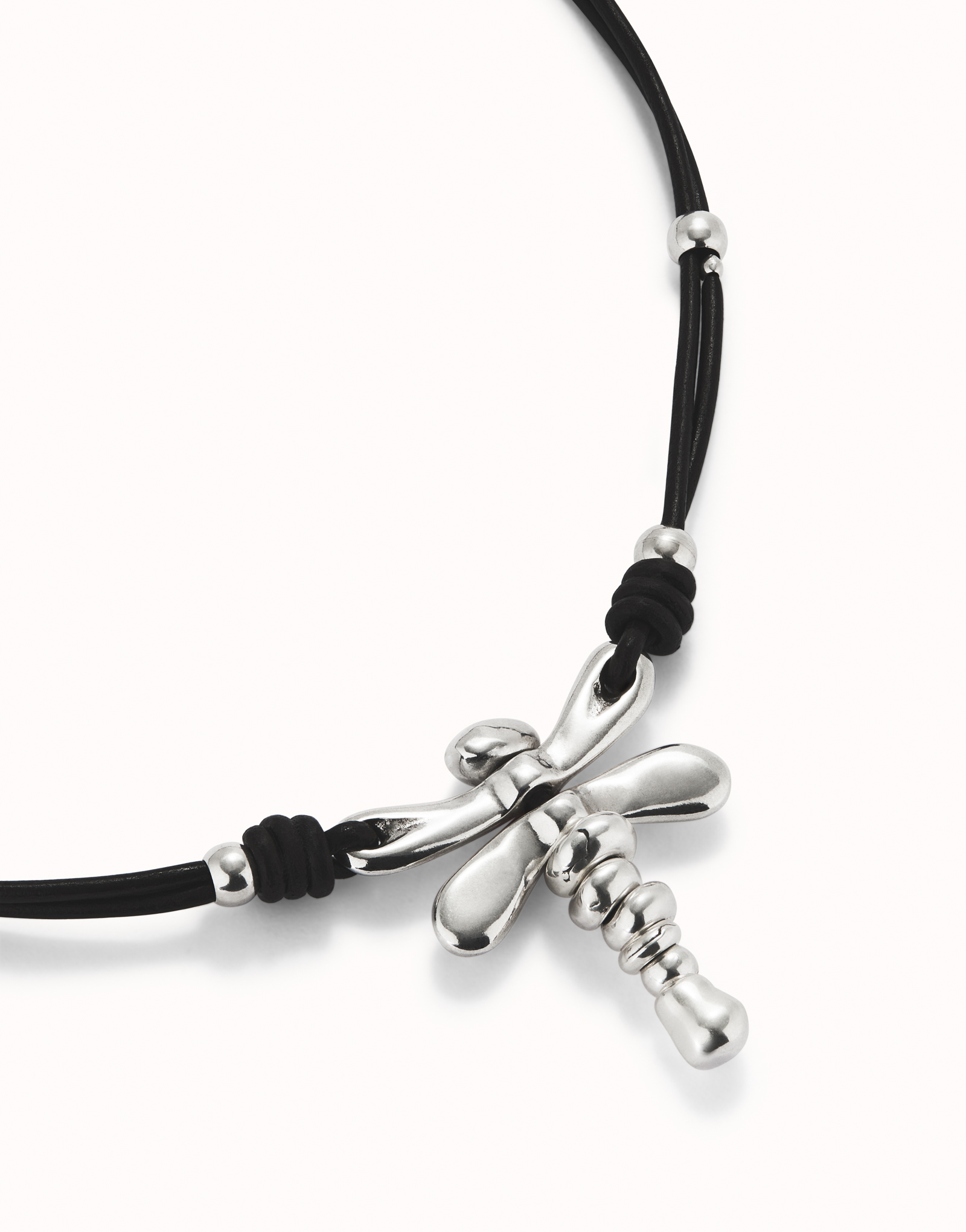 Leather pendant necklace with dragonfly, Silver, large thumbnail
