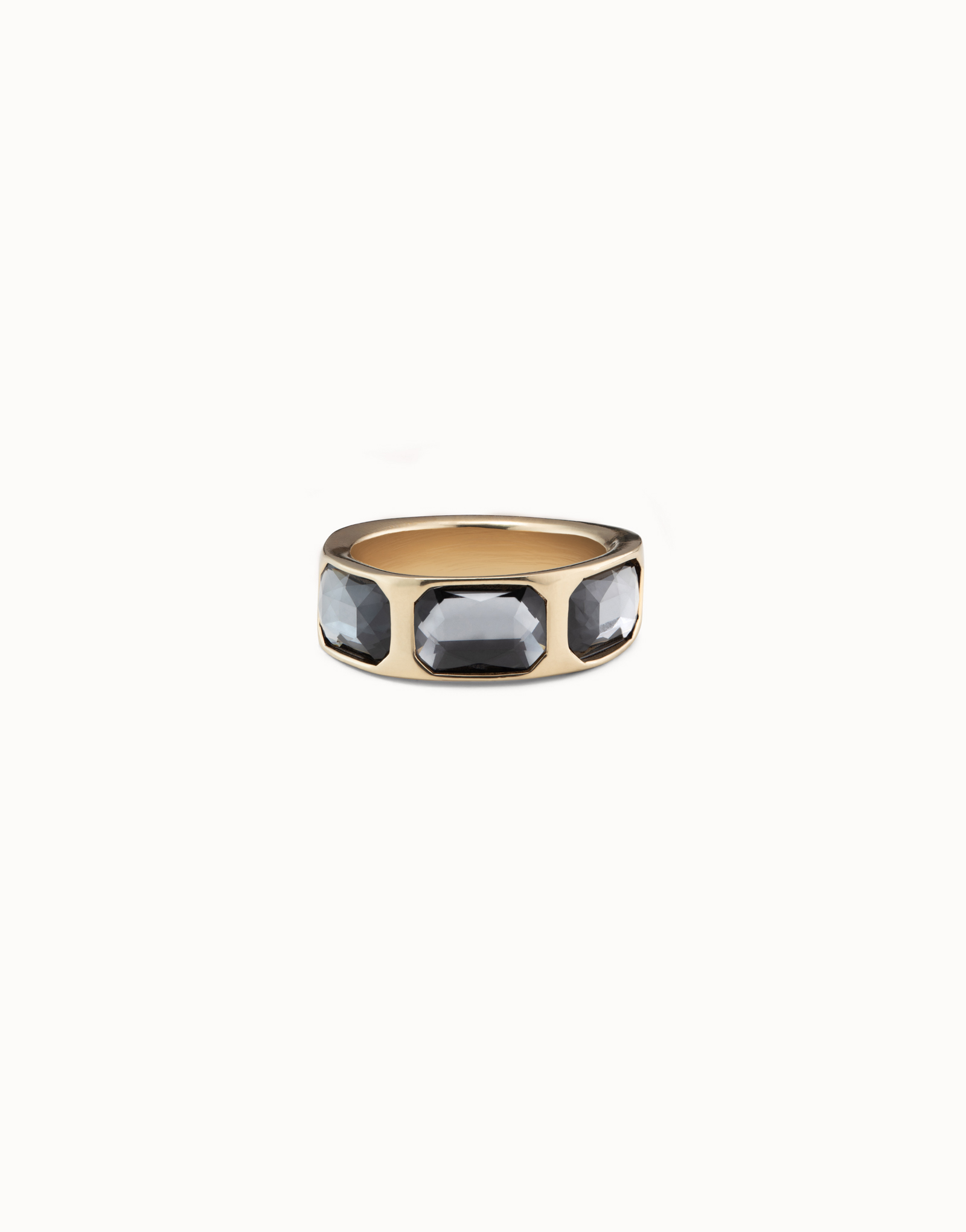 Ring with 3 dark gray crystals, Golden, large thumbnail