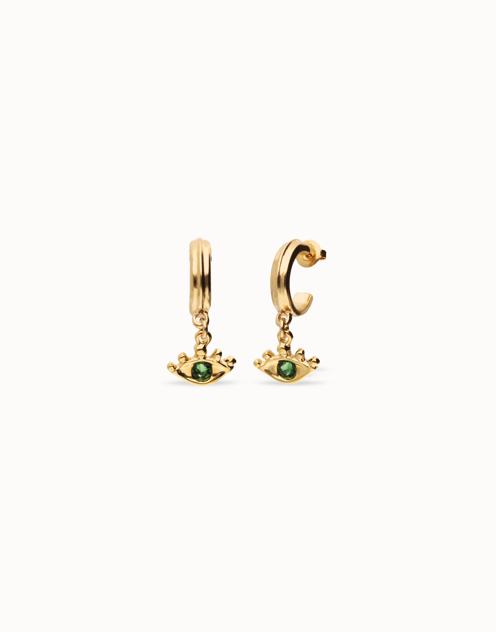 Eye-shaped drop earrings with green crystal, Golden, large thumbnail