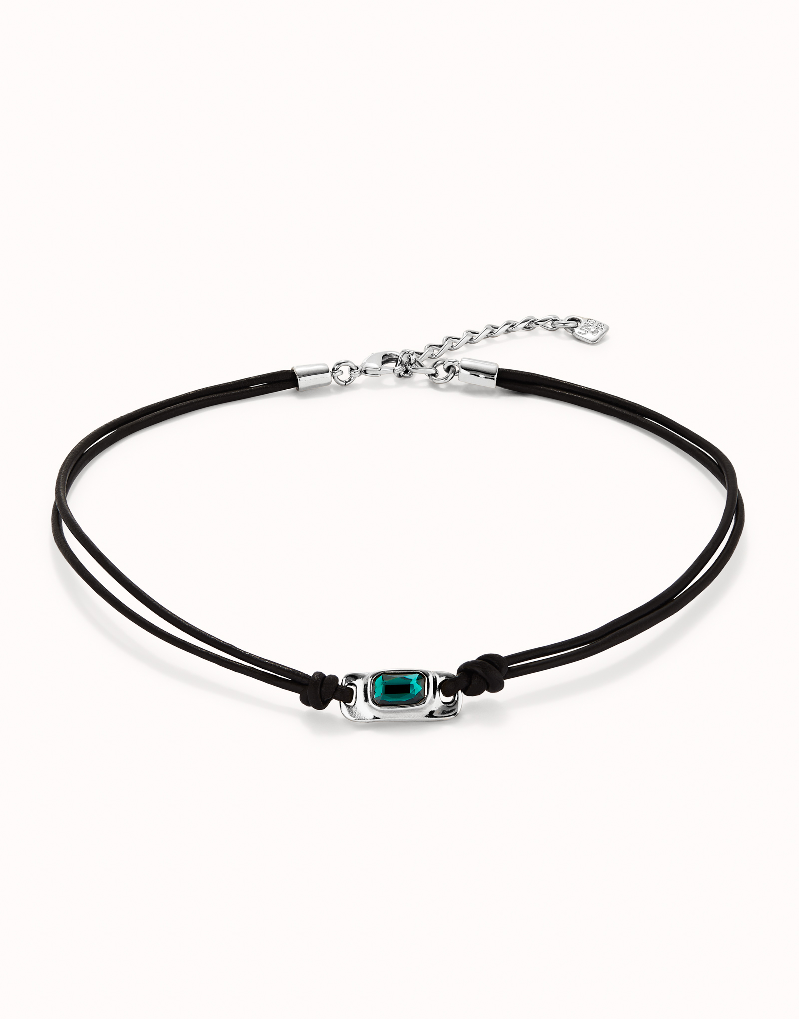 Leather necklace with green crystal, Silver, large thumbnail