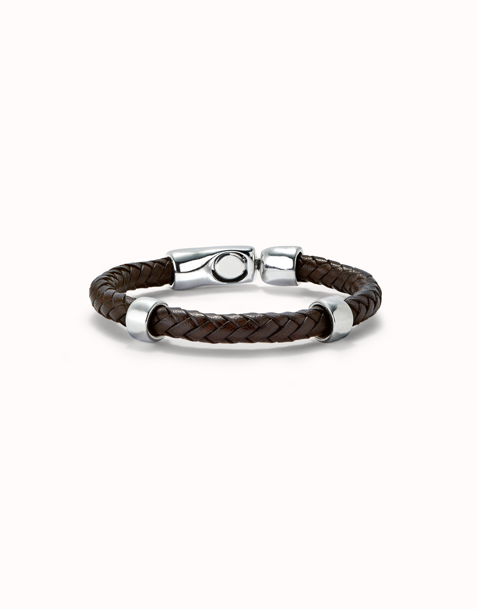 Braided leather bracelet with 2 sterling silver-plated circles, Silver, large thumbnail
