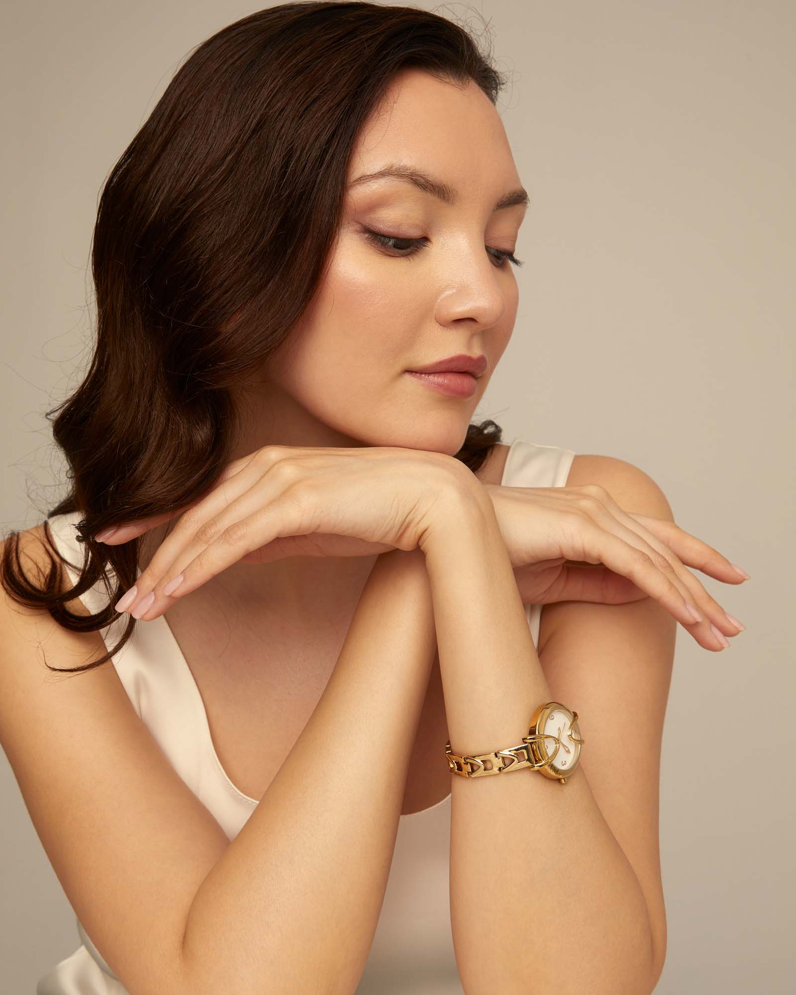 18K gold-plated watch with metal strap and round white dial, Golden, large thumbnail