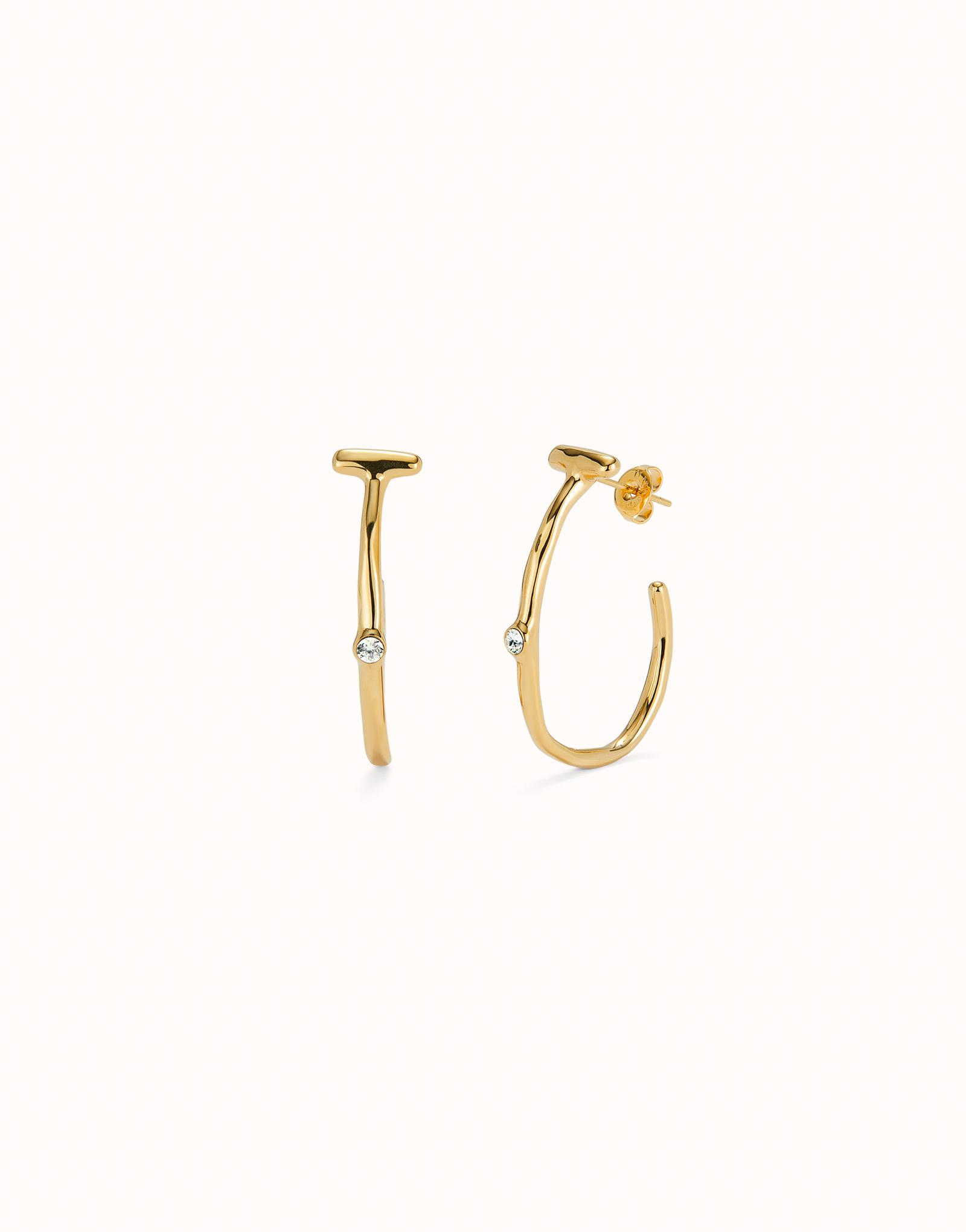 Hoop earrings with white topaz, Golden, large thumbnail
