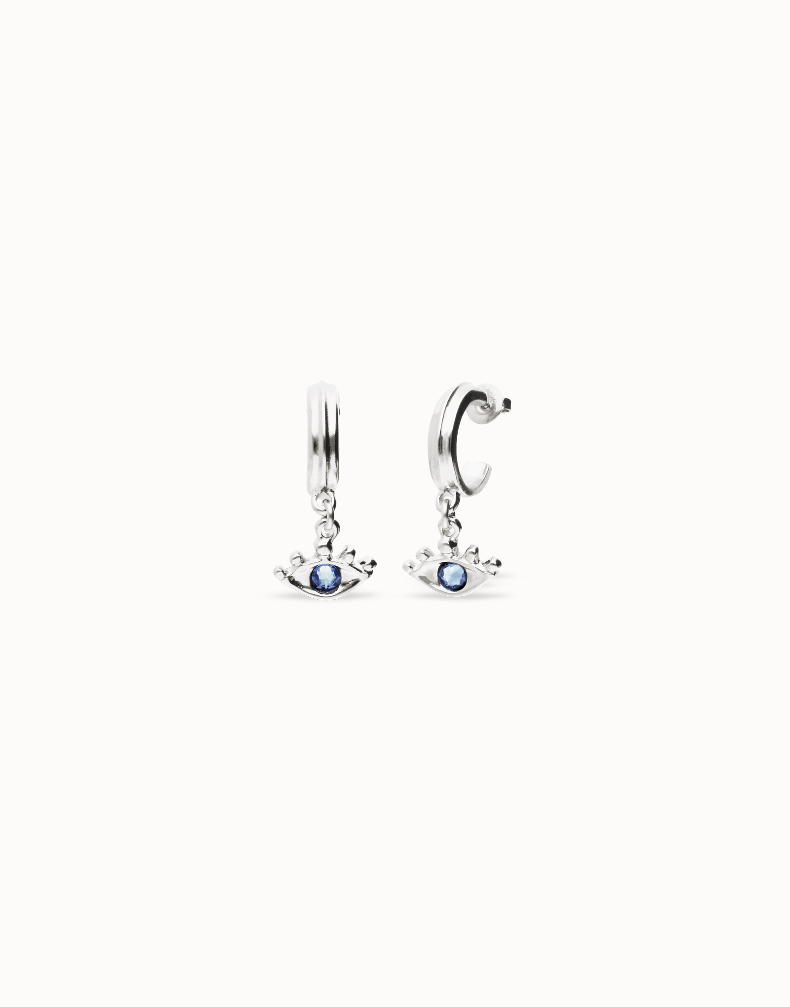 Eye-shaped drop earrings with blue crystal, Silver, large thumbnail