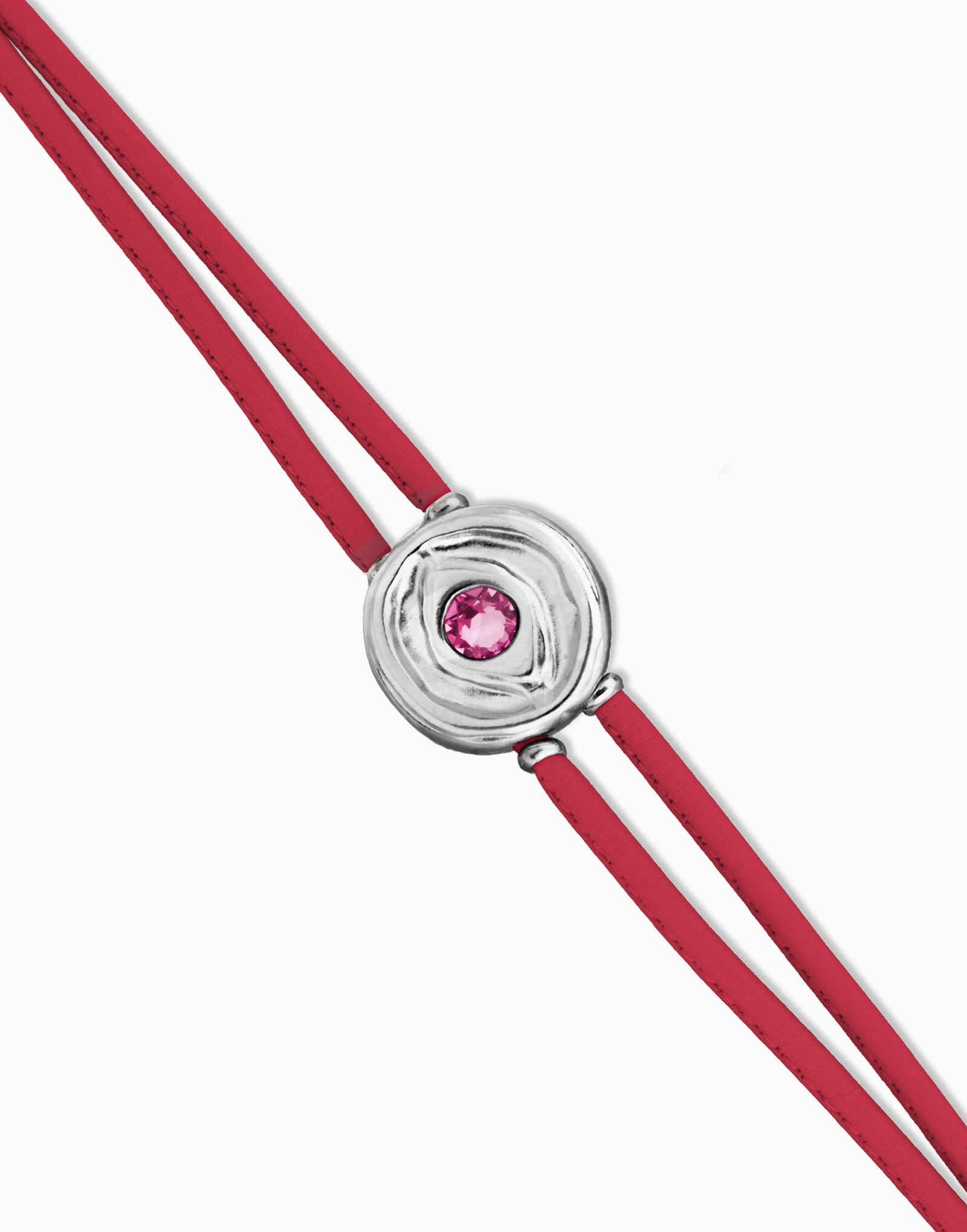 Double pink leather birthstone bracelet with eye, Silver, large thumbnail