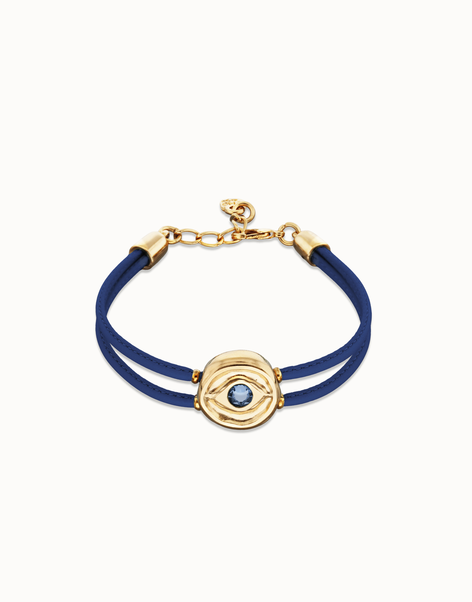 Double blue leather birthstone bracelet with eye, Golden, large thumbnail