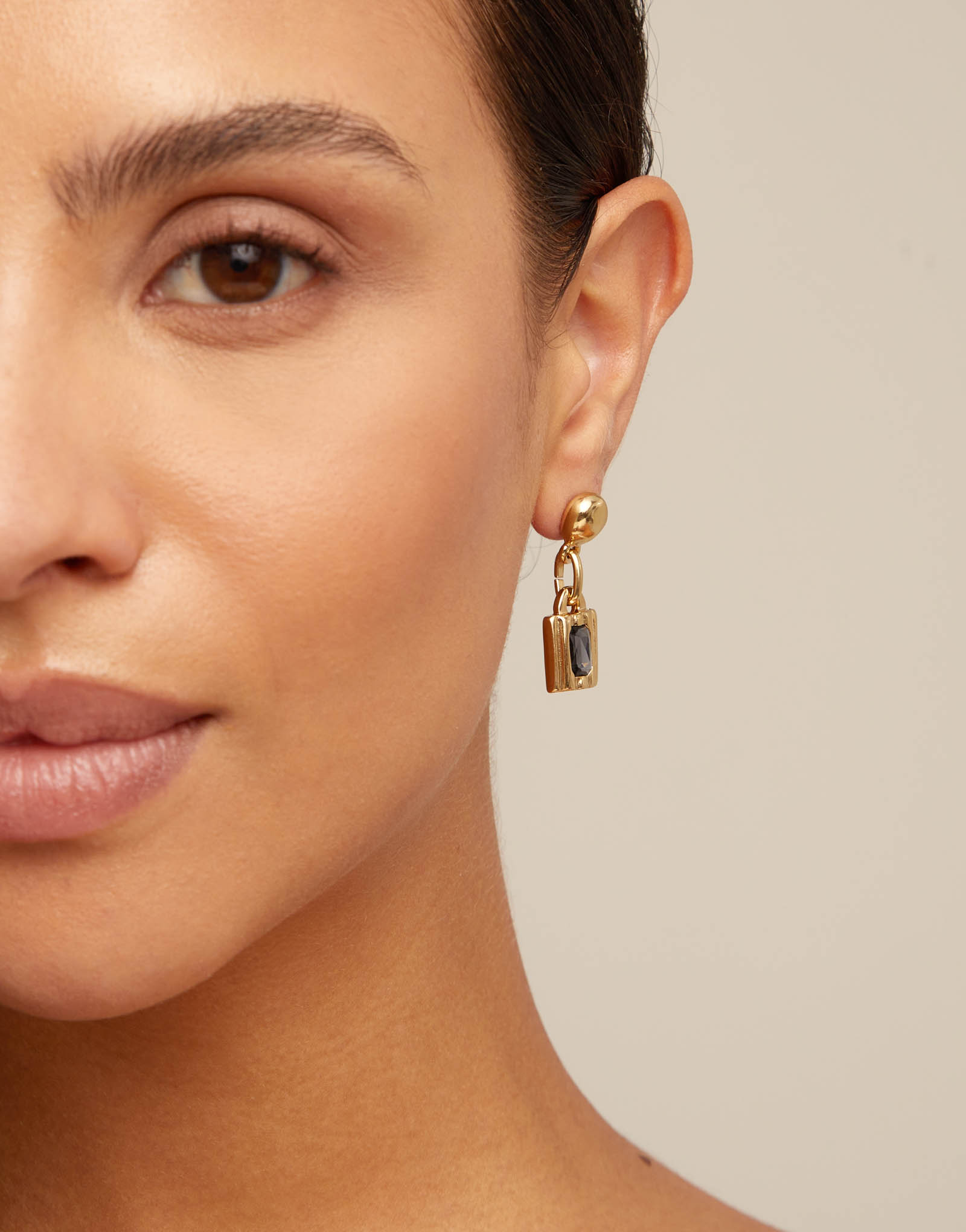 Padlock shaped drop earrings, Golden, large thumbnail