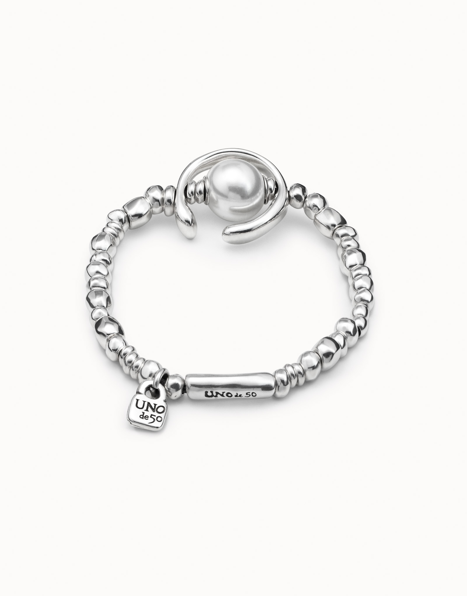 Beaded stretch bracelet with a pearl, Silver, large thumbnail