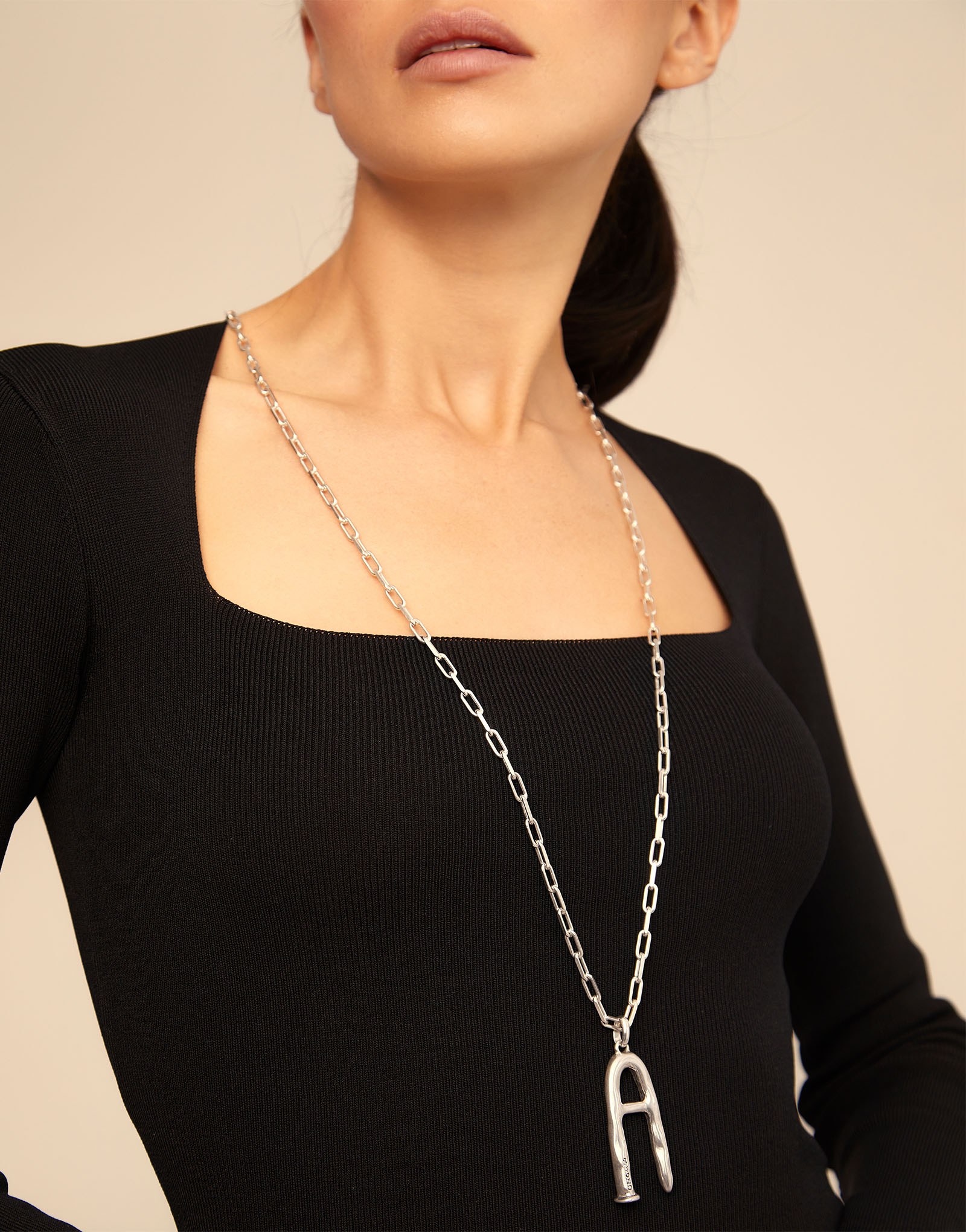 Long link chain charm necklace, Silver, large thumbnail
