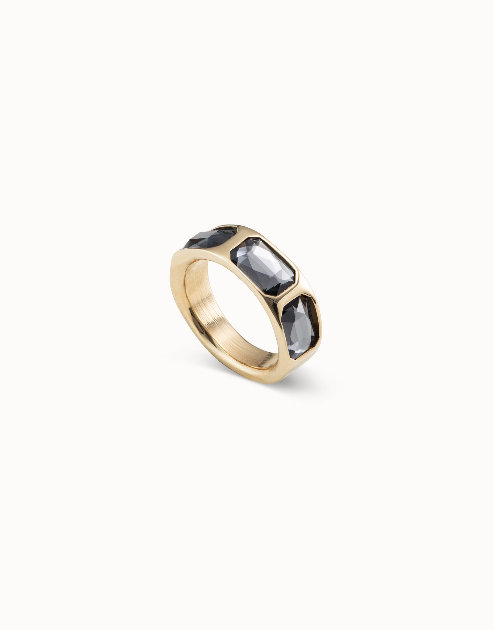 Ring with 3 dark gray crystals, Golden, large thumbnail