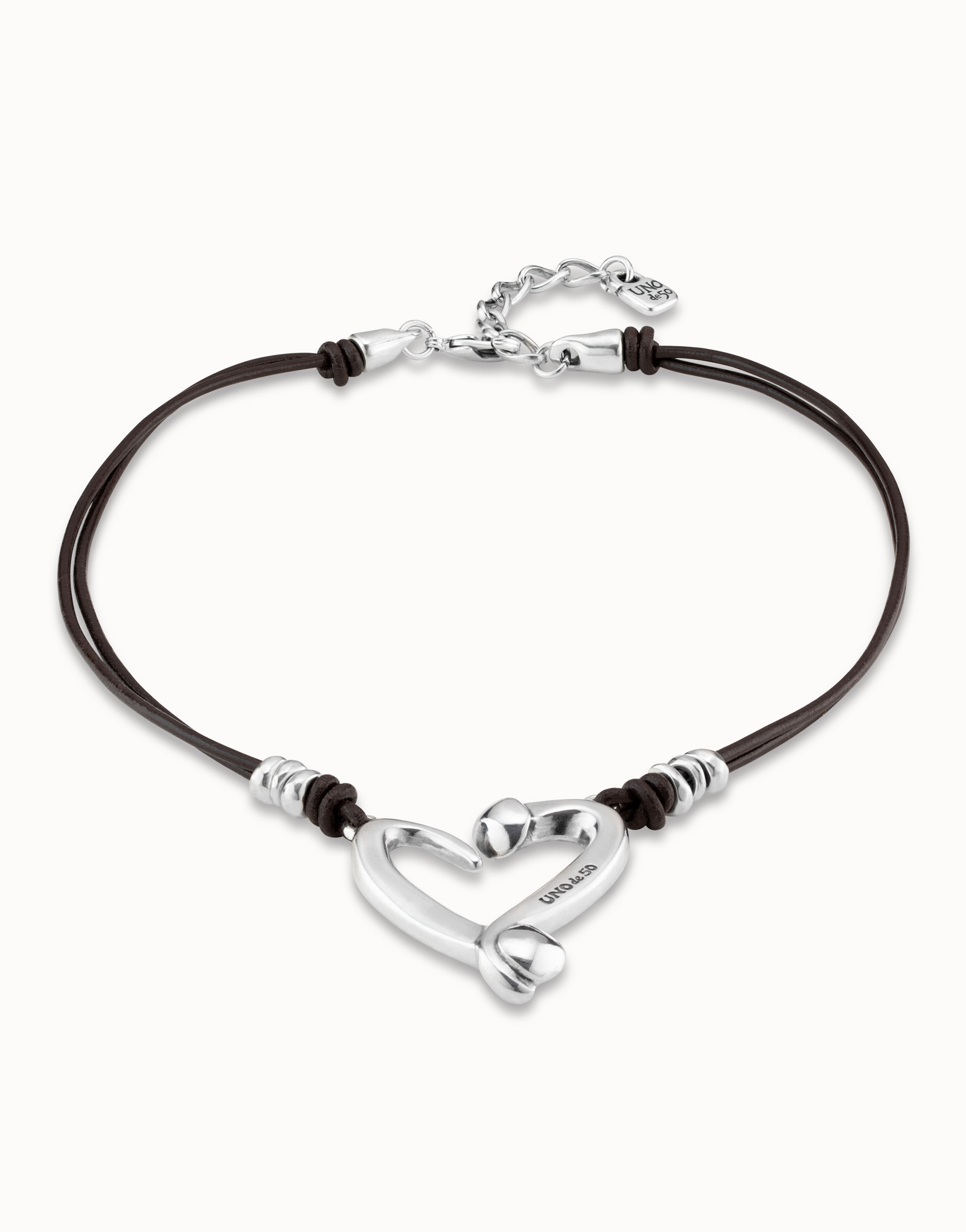 Short leather necklace with a heart, Silver, large thumbnail