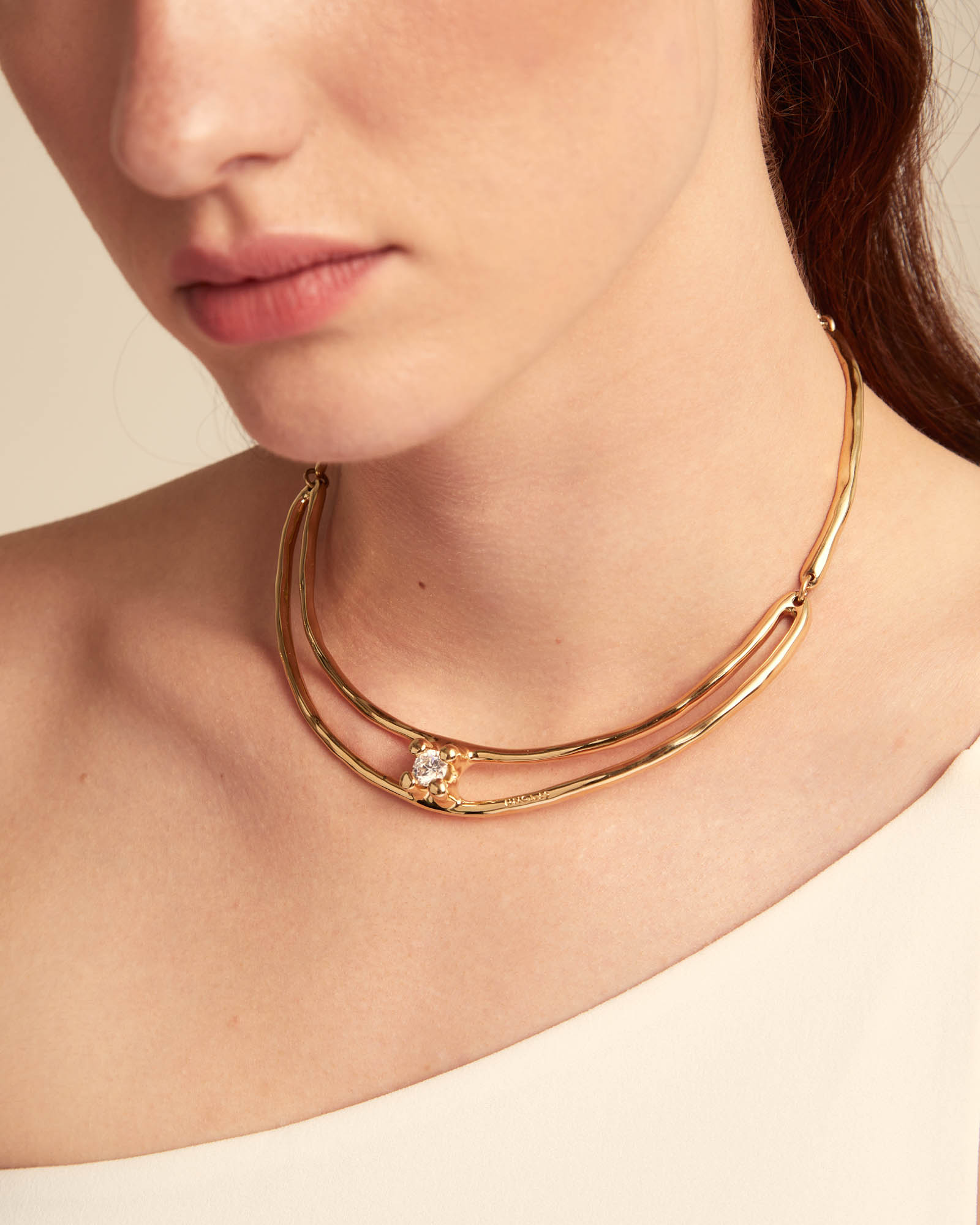 Choker necklace with white cubic zirconia, Golden, large thumbnail