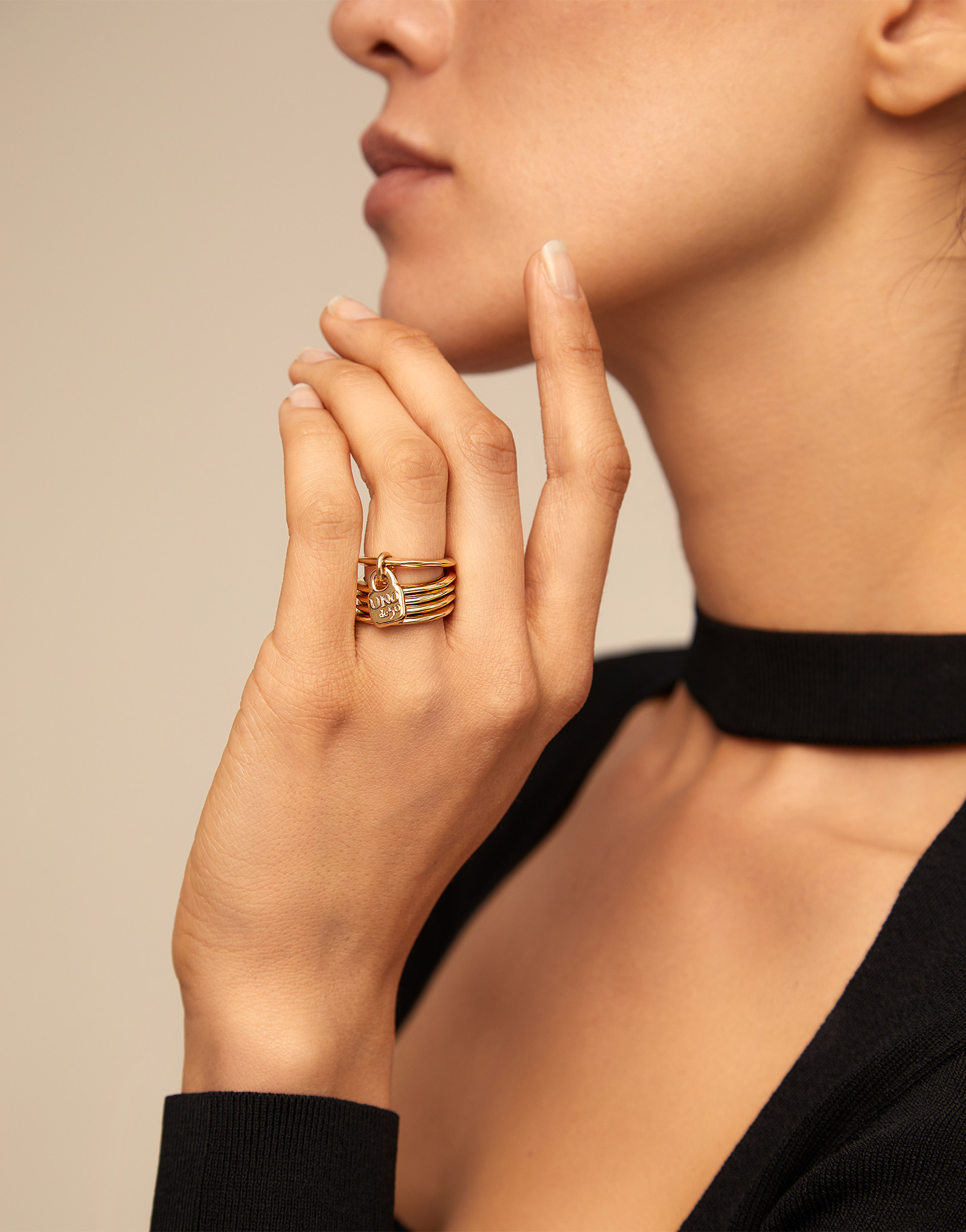 Multi row ring with a charm, Golden, large thumbnail