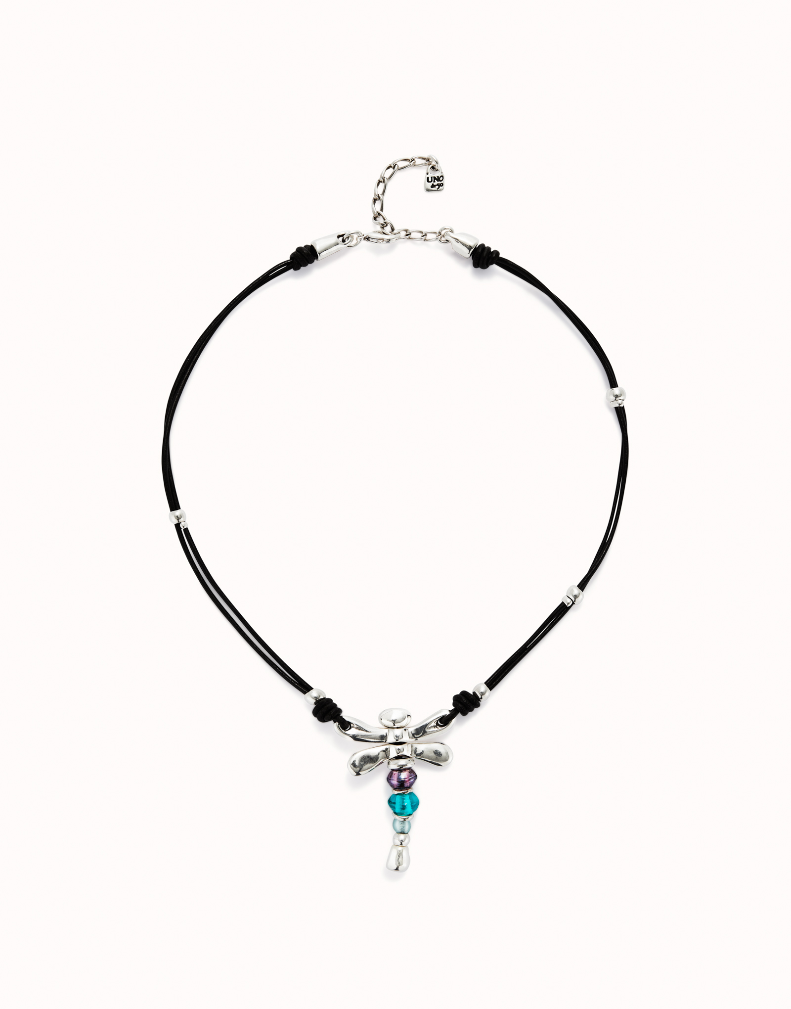 Leather pendant necklace with dragonfly, Silver, large thumbnail