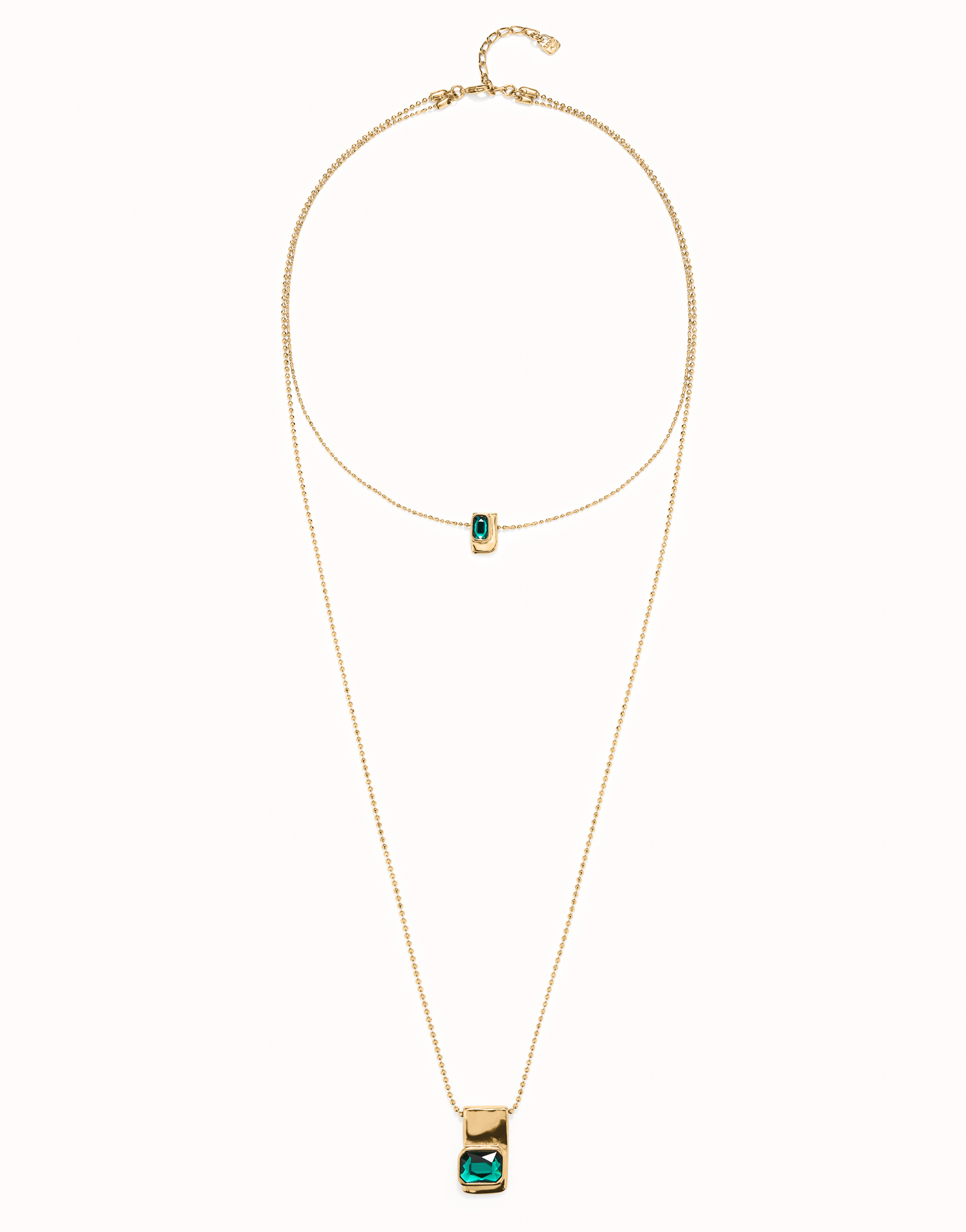 Double strand chain necklace with green crystals, Golden, large thumbnail