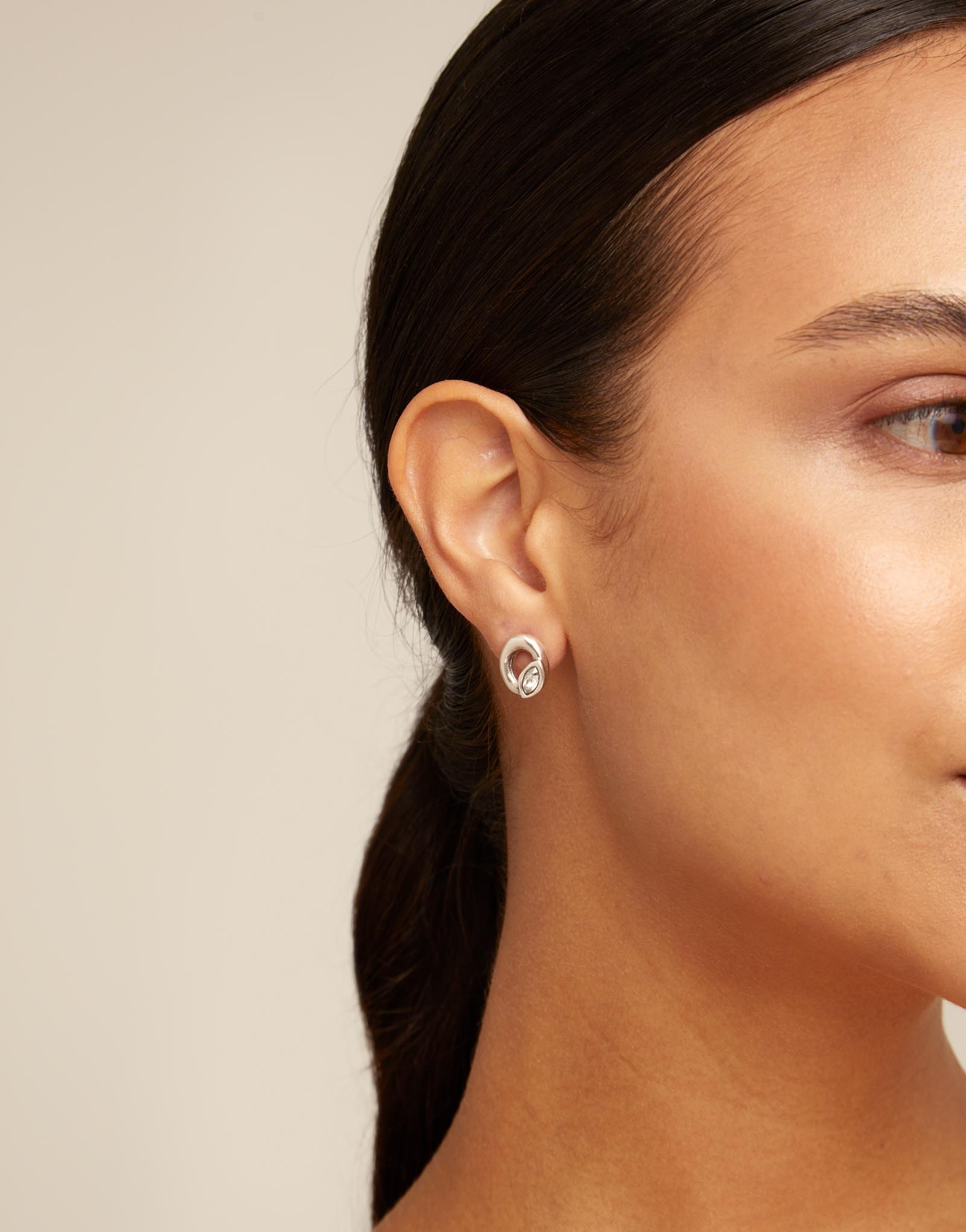 Stud oval earrings with light grey crystal, Silver, large thumbnail